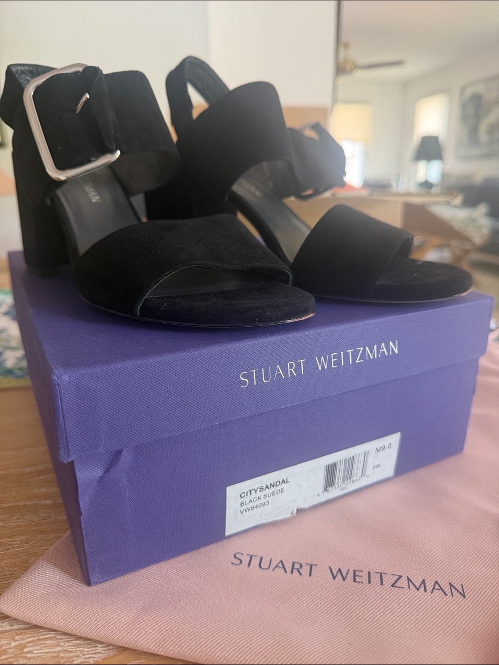 Stuart Weitzman Black Suede Block Heel Sandals